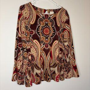 CHICO'S Bell Sleeve Tunic Womens L Red Tan Paisley Like Design Keyhole Stretch
